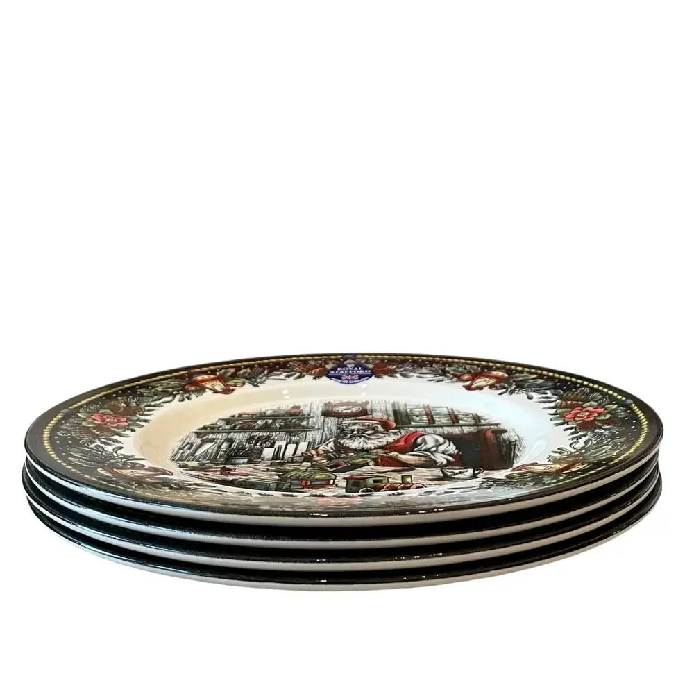 Royal Stafford SANTA'S WORKSHOP 11in Dinner Plate Set of 4 Holiday Porcelain New